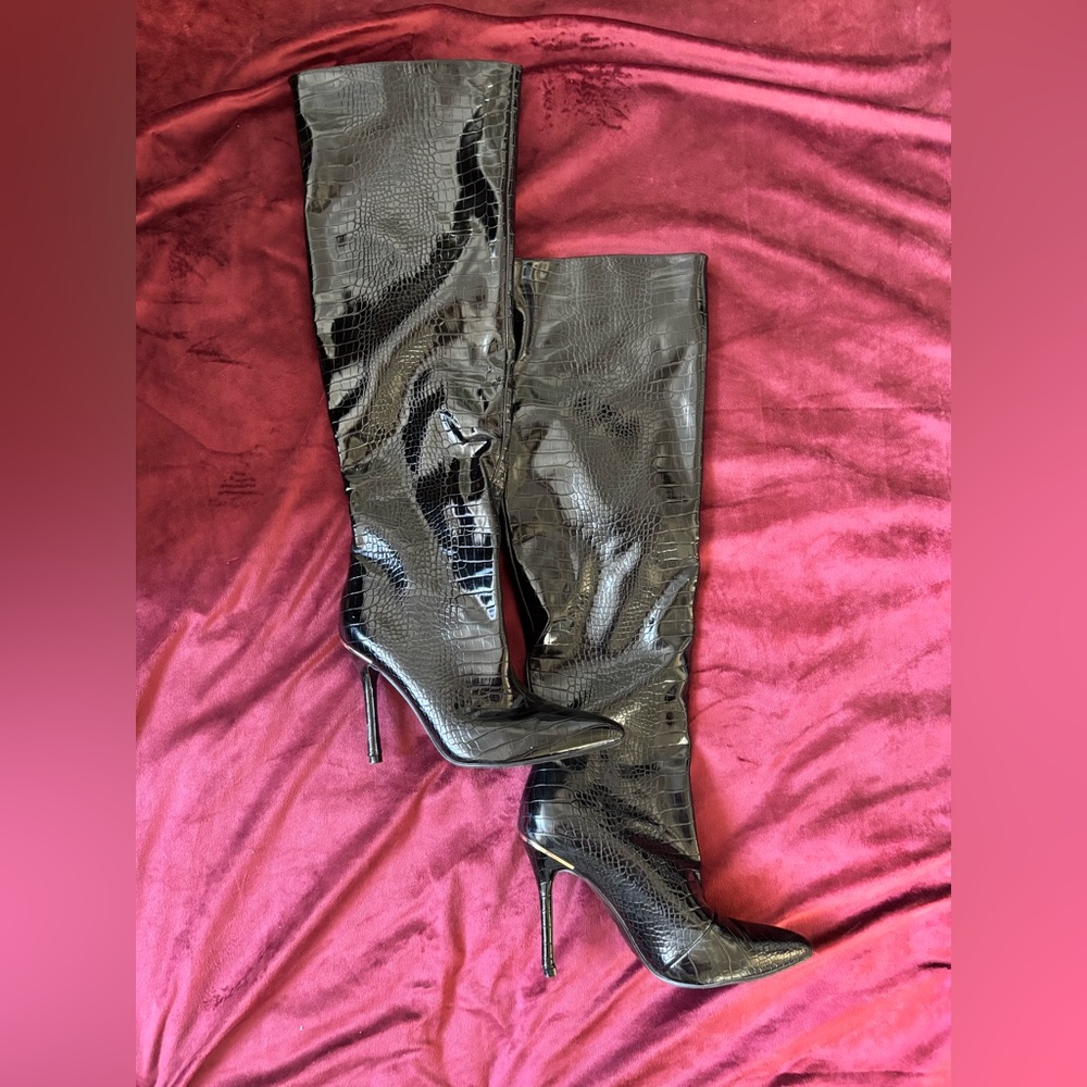 Black Croc-Embossed Over-the-Knee Patten Leather Heel Boots